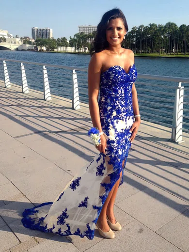 Sheath/Column Sweetheart Tulle Asymmetrical Appliques Lace Prom Dresses #Favs020103163