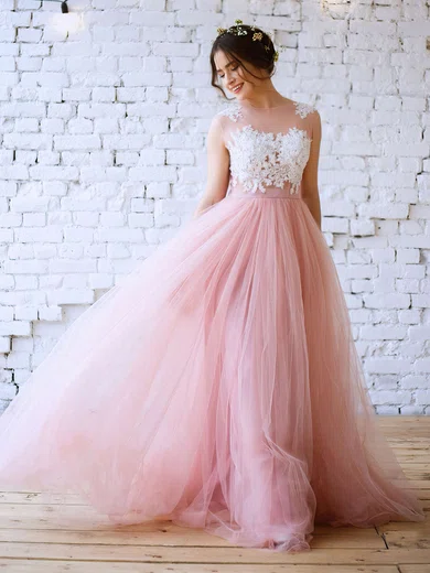 Princess Scoop Neck Tulle Floor-length Appliques Lace Prom Dresses #Favs020103231