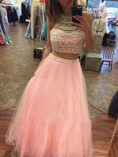 A-line Scoop Neck Tulle Floor-length Pearl Detailing Prom Dresses #Favs020103528