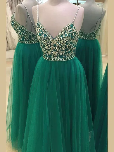 A-line V-neck Tulle Floor-length Beading Prom Dresses #Favs020103544