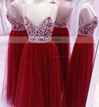 A-line V-neck Tulle Floor-length Beading Prom Dresses #Favs020103544