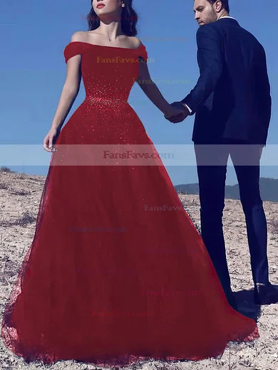 Princess Off-the-shoulder Tulle Sweep Train Beading Prom Dresses #Favs020103740