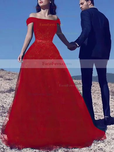 Princess Off-the-shoulder Tulle Sweep Train Beading Prom Dresses #Favs020103740