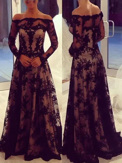 A-line Off-the-shoulder Tulle Sweep Train Appliques Lace Prom Dresses #Favs020104471