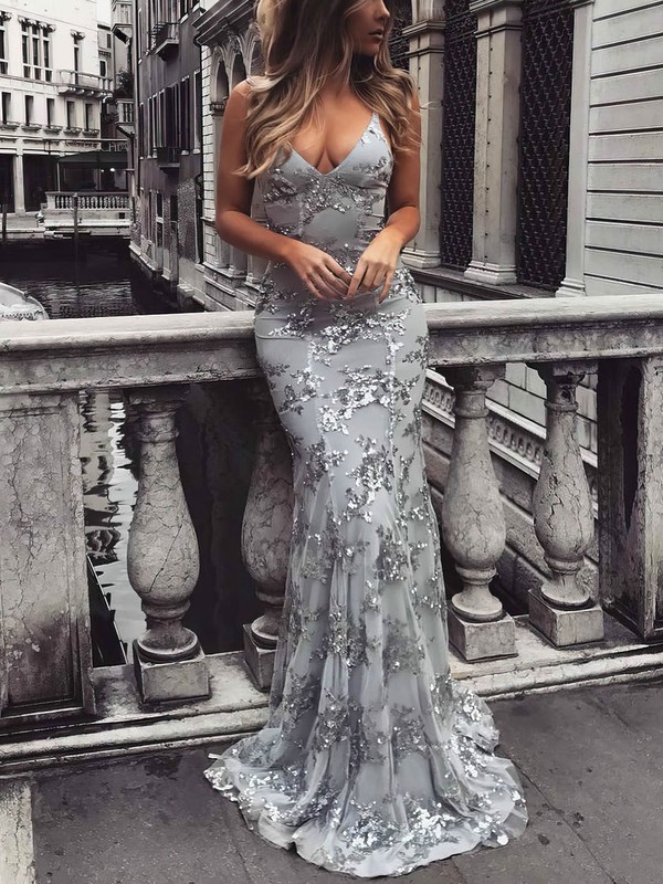 Trumpet/Mermaid V-neck Tulle Sweep Train Sequins Prom Dresses #Favs020104817