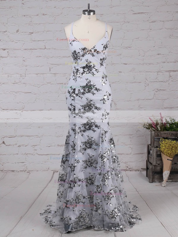 Trumpet/Mermaid V-neck Tulle Sweep Train Sequins Prom Dresses #Favs020104817