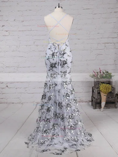 Trumpet/Mermaid V-neck Tulle Sweep Train Sequins Prom Dresses #Favs020104817