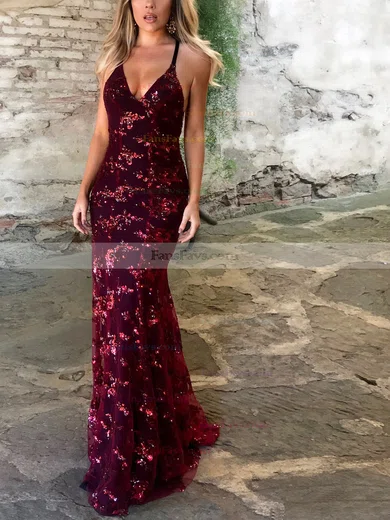 Trumpet/Mermaid V-neck Tulle Sweep Train Sequins Prom Dresses #Favs020104817