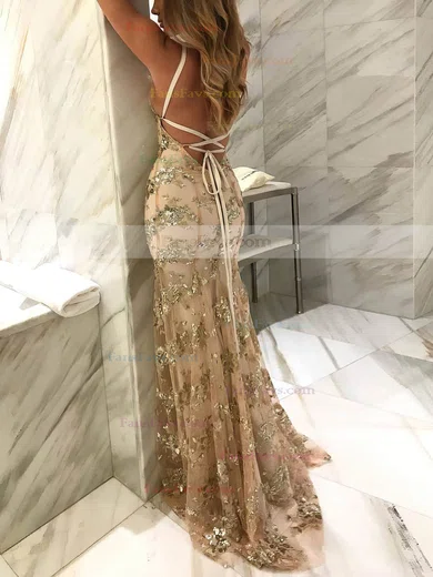 Trumpet/Mermaid V-neck Tulle Sweep Train Sequins Prom Dresses #Favs020104817