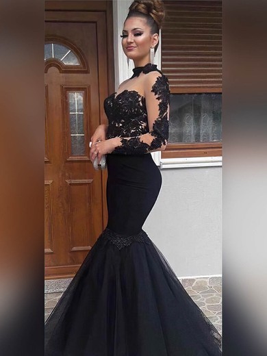 Trumpet/Mermaid High Neck Tulle Floor-length Appliques Lace Prom Dresses #Favs020104886