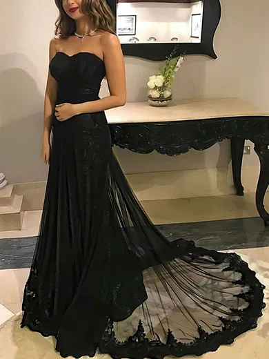 A-line Sweetheart Tulle Sweep Train Appliques Lace Prom Dresses #Favs020104894