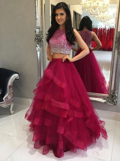 A-line Scoop Neck Tulle Floor-length Beading Prom Dresses #Favs020104914