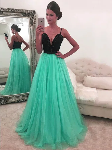 Princess V-neck Tulle Floor-length Beading Prom Dresses #Favs020104942