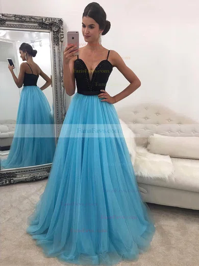 Princess V-neck Tulle Floor-length Beading Prom Dresses #Favs020104942