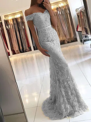 Trumpet/Mermaid Off-the-shoulder Lace Sweep Train Appliques Lace Prom Dresses #Favs020104963 Trumpet/Mermaid Off-the-shoulder Lace Sweep Train Appliques Lace Prom Dresses #Favs020104963