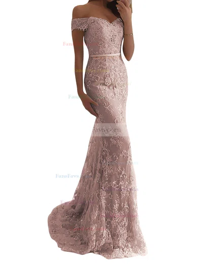 Trumpet/Mermaid Off-the-shoulder Lace Sweep Train Appliques Lace Prom Dresses #Favs020104963