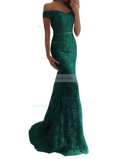 Trumpet/Mermaid Off-the-shoulder Lace Sweep Train Appliques Lace Prom Dresses #Favs020104963