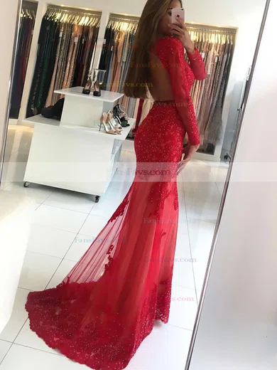 Sheath/Column Scoop Neck Tulle Sweep Train Appliques Lace Prom Dresses #Favs020104976