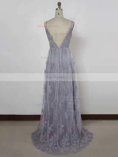 A-line V-neck Tulle Sweep Train Appliques Lace Prom Dresses #Favs020104261