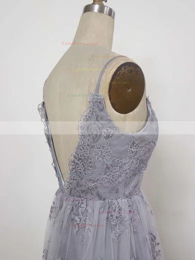 A-line V-neck Tulle Sweep Train Appliques Lace Prom Dresses #Favs020104261