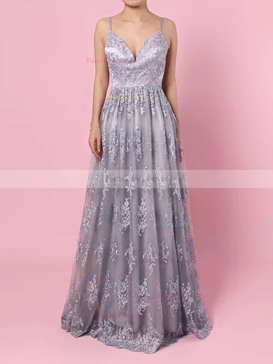 A-line V-neck Tulle Sweep Train Appliques Lace Prom Dresses #Favs020104261