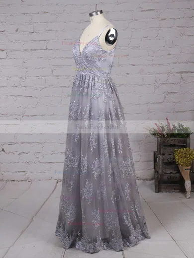 A-line V-neck Tulle Sweep Train Appliques Lace Prom Dresses #Favs020104261