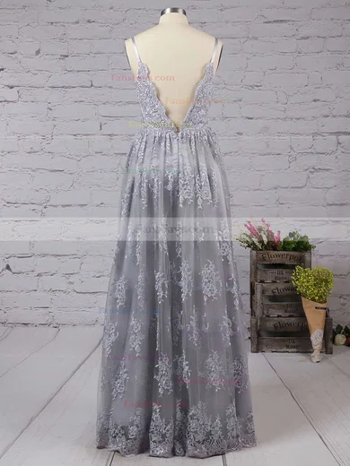 A-line V-neck Tulle Sweep Train Appliques Lace Prom Dresses #Favs020104261