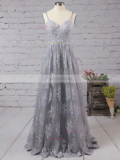 A-line V-neck Tulle Sweep Train Appliques Lace Prom Dresses #Favs020104261