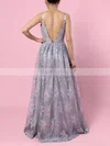A-line V-neck Tulle Sweep Train Appliques Lace Prom Dresses #Favs020104261
