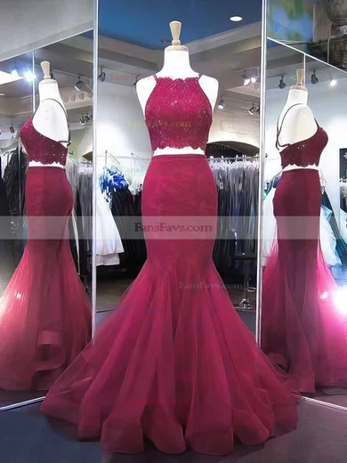 Trumpet/Mermaid Halter Tulle Floor-length Appliques Lace Prom Dresses #Favs020104980