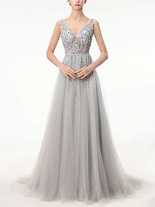 A-line V-neck Tulle Sweep Train Beading Prom Dresses #Favs020105193 A-line V-neck Tulle Sweep Train Beading Prom Dresses #Favs020105193
