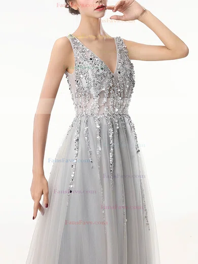 A-line V-neck Tulle Sweep Train Beading Prom Dresses #Favs020105193