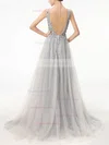 A-line V-neck Tulle Sweep Train Beading Prom Dresses #Favs020105193