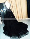 A-line V-neck Tulle Sweep Train Beading Prom Dresses #Favs020105193
