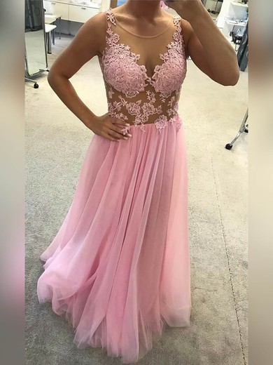 A-line Scoop Neck Tulle Floor-length Appliques Lace Prom Dresses #Favs020105238