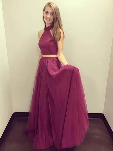 A-line High Neck Tulle Floor-length Beading Prom Dresses #Favs020105242