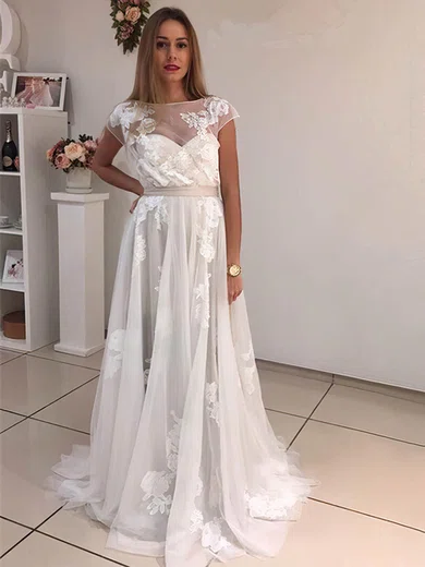 A-line Scoop Neck Tulle Sweep Train Appliques Lace Prom Dresses #Favs020105250