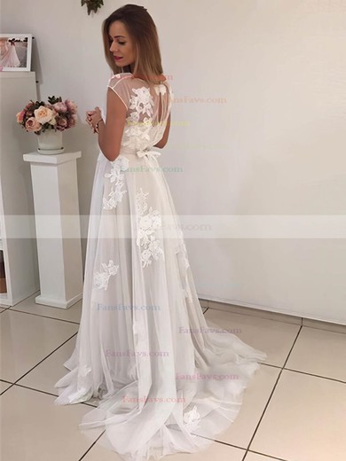 A-line Scoop Neck Tulle Sweep Train Appliques Lace Prom Dresses #Favs020105250