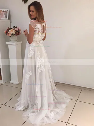 A-line Scoop Neck Tulle Sweep Train Appliques Lace Prom Dresses #Favs020105250