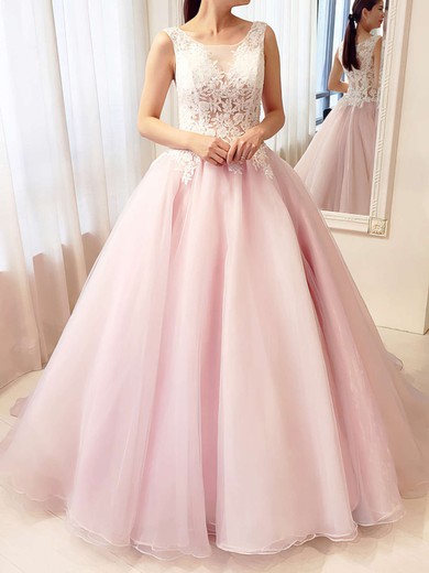 Ball Gown Scoop Neck Tulle Floor-length Appliques Lace Prom Dresses #Favs020105413