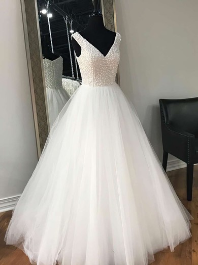 Ball Gown V-neck Tulle Floor-length Crystal Detailing Prom Dresses #Favs020105414