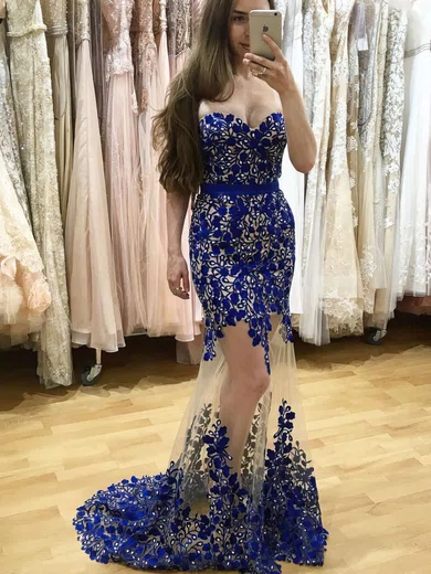 Trumpet/Mermaid Sweetheart Tulle Sweep Train Beading Prom Dresses #Favs020105468