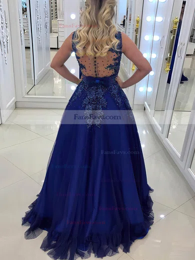 Princess V-neck Tulle Floor-length Appliques Lace Prom Dresses #Favs020105572