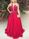 Princess V-neck Tulle Floor-length Appliques Lace Prom Dresses #Favs020105572