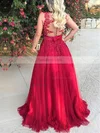 Princess V-neck Tulle Floor-length Appliques Lace Prom Dresses #Favs020105572