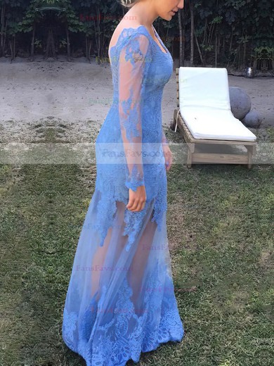 Sheath/Column V-neck Tulle Floor-length Appliques Lace Prom Dresses #Favs020105601