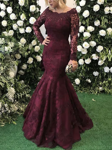 Trumpet/Mermaid Scoop Neck Lace Floor-length Appliques Lace Prom Dresses #Favs020105611