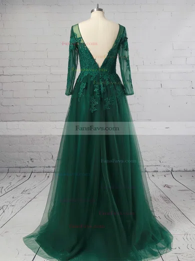 A-line V-neck Tulle Sweep Train Appliques Lace Prom Dresses #Favs020105633