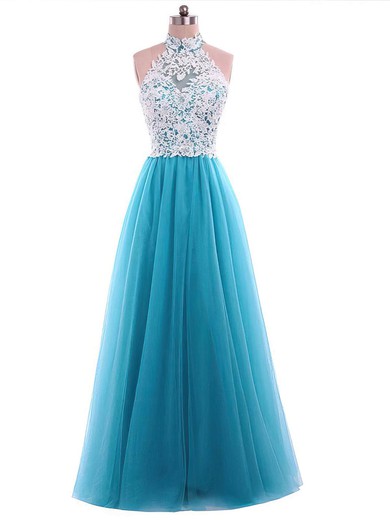 A-line High Neck Tulle Floor-length Sequins Prom Dresses #Favs020105687
