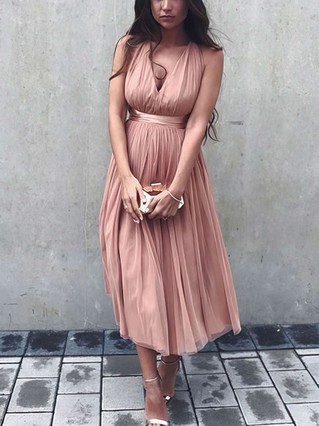 A-line V-neck Tulle Tea-length Sashes / Ribbons Short Prom Dresses #Favs020105823 A-line V-neck Tulle Tea-length Sashes / Ribbons Short Prom Dresses #Favs020105823